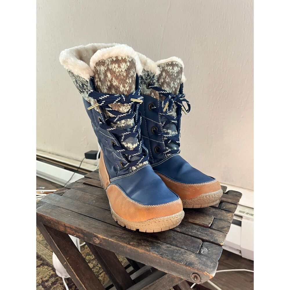 Blue winter boots, printed knit pattern, fully lined